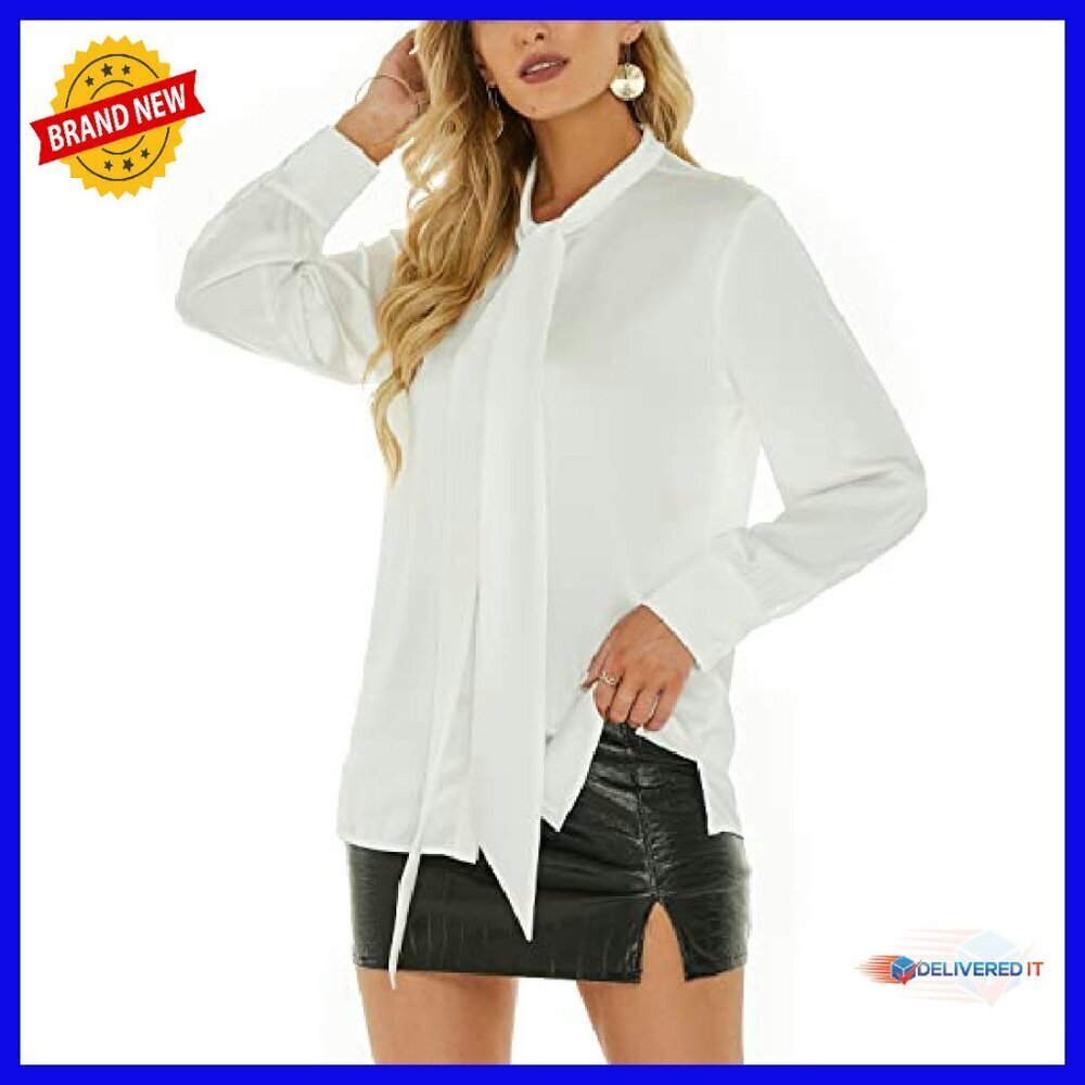 Silk Blouse Long Sleeve Bow Tie Neck Button Down Office Casual - Picture 6 of 8